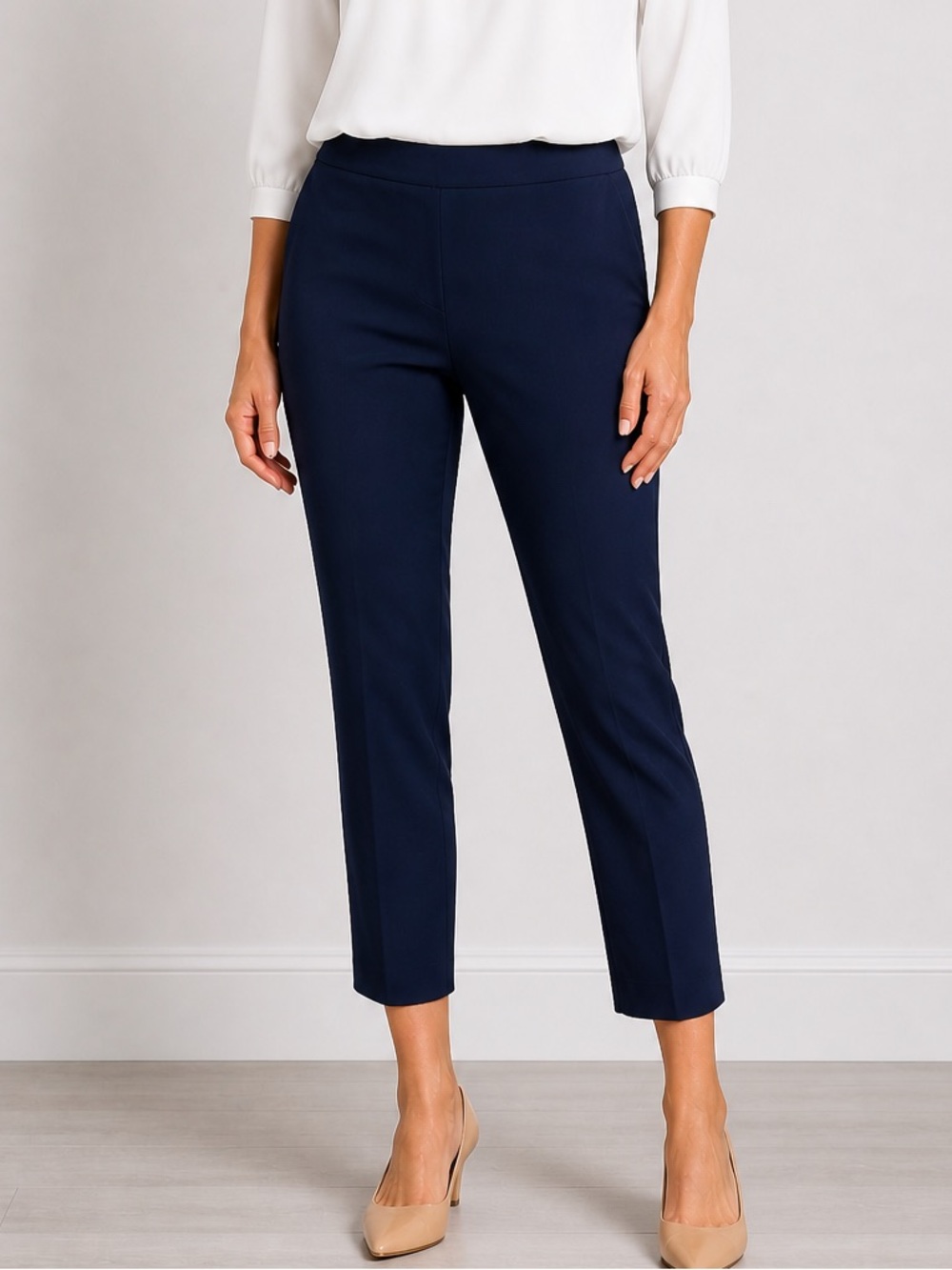 Susan Graver QVC Navy Ankle Pants 25” Inseam Large Pull-On Side Zip Career Wear